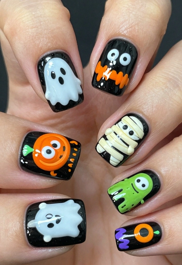 17 Black Halloween Nails Ideas Dark Spooky Chic - 13. Scary Monster Designs 1