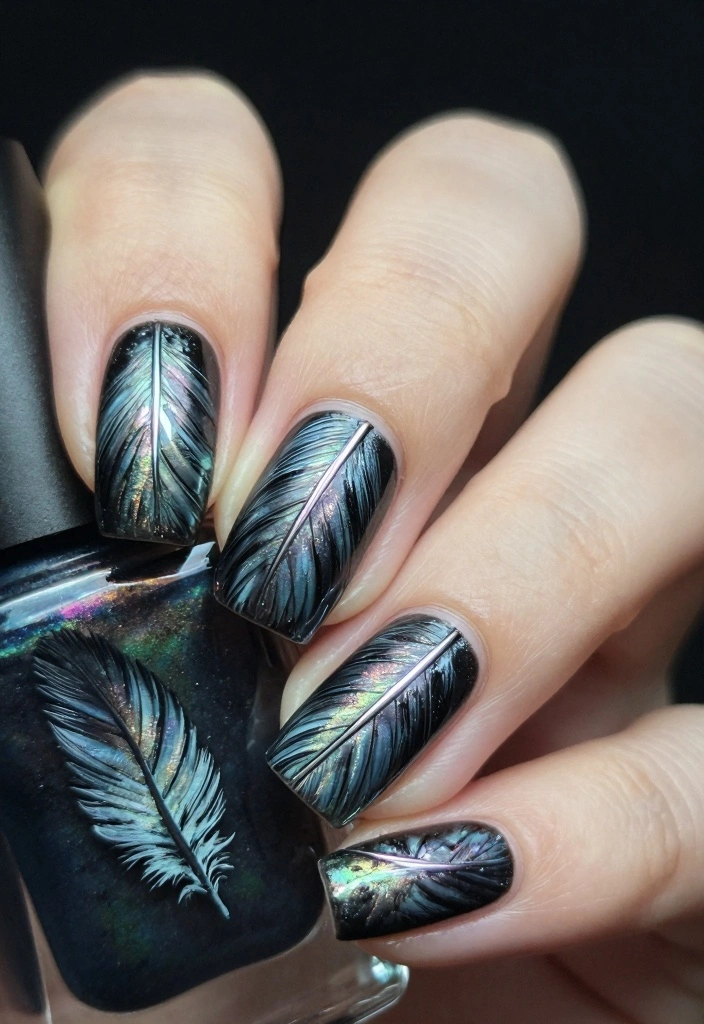 17 Black Halloween Nails Ideas Dark Spooky Chic - 14. Raven Feathers Nail Art 1