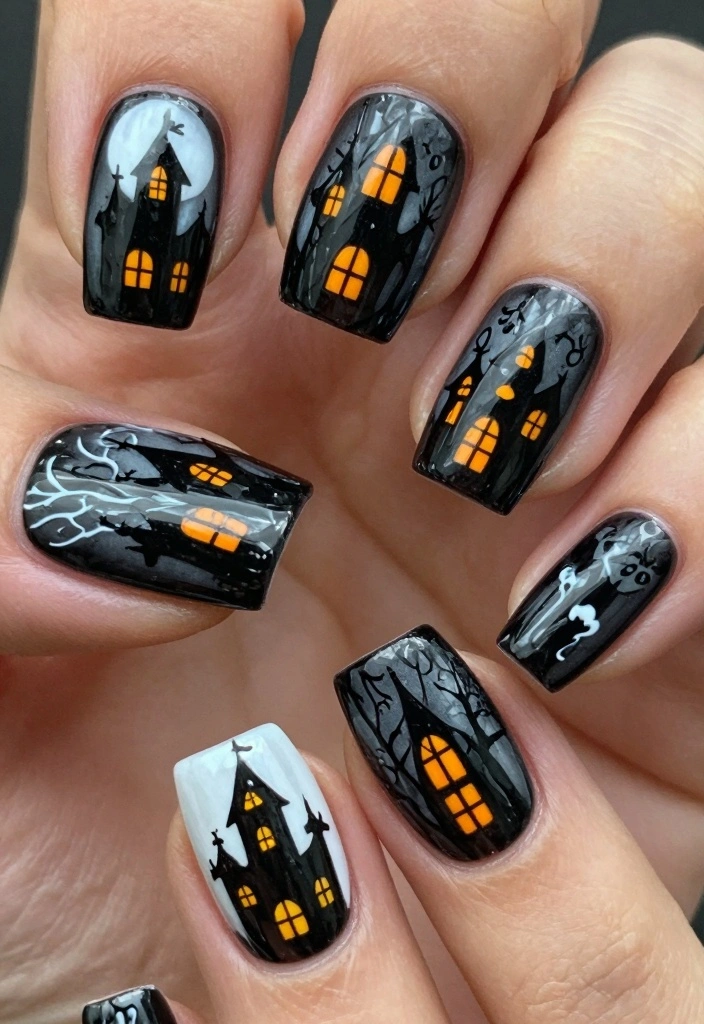 17 Black Halloween Nails Ideas Dark Spooky Chic - 15. Haunted House Nail Art 1