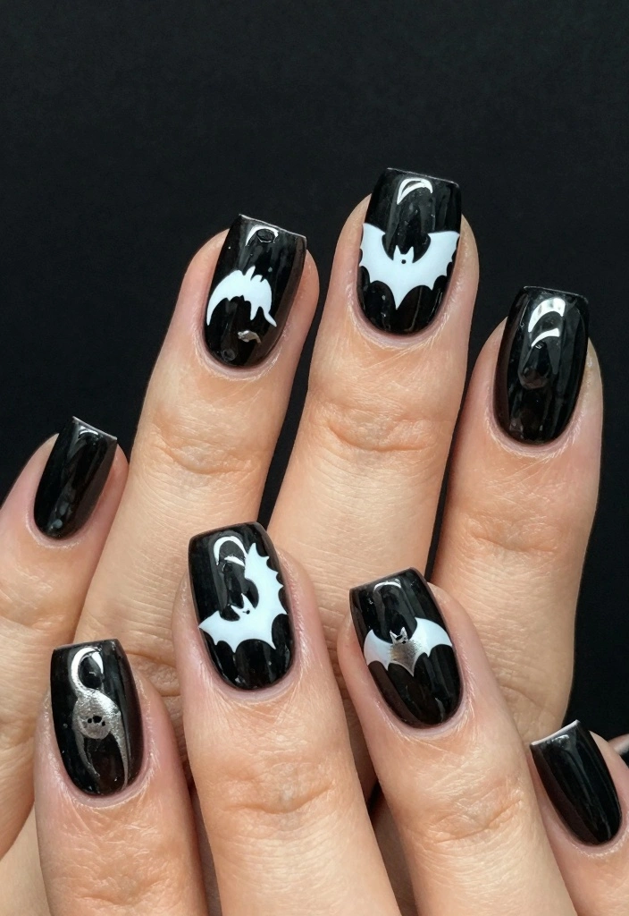 17 Black Halloween Nails Ideas Dark Spooky Chic - 16. Bat Silhouettes 1