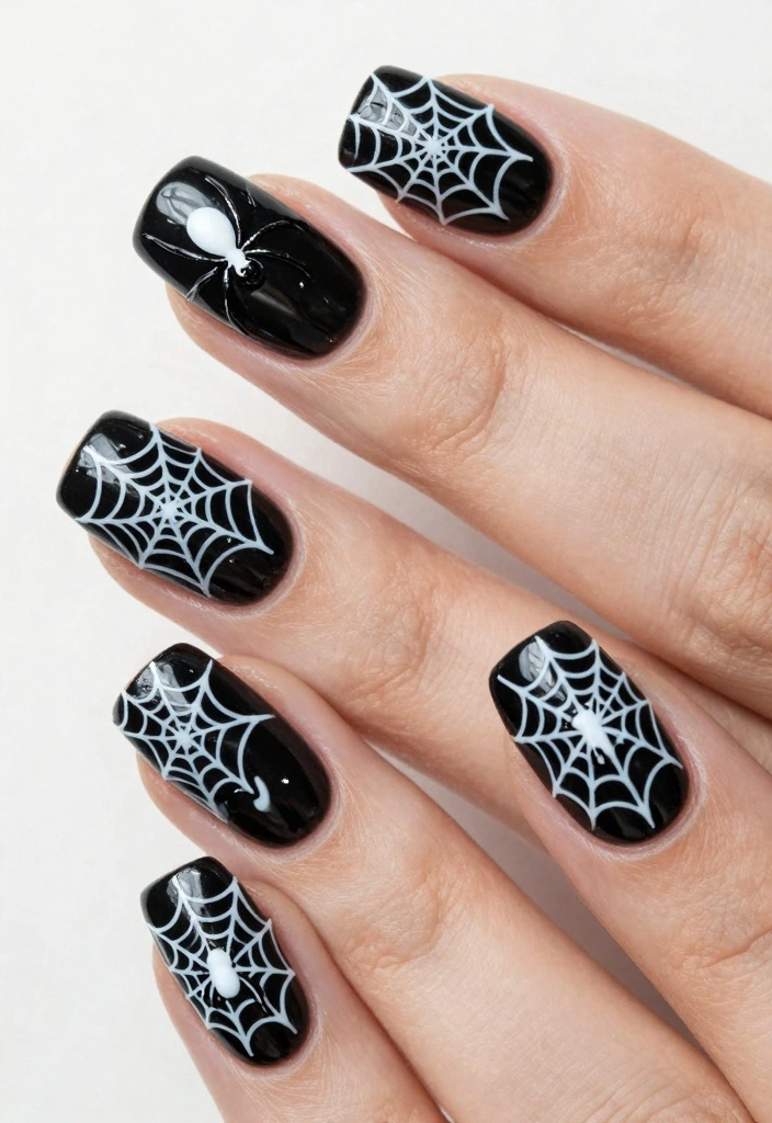 17 Black Halloween Nails Ideas Dark Spooky Chic - 17. Spider and Web Combo 1