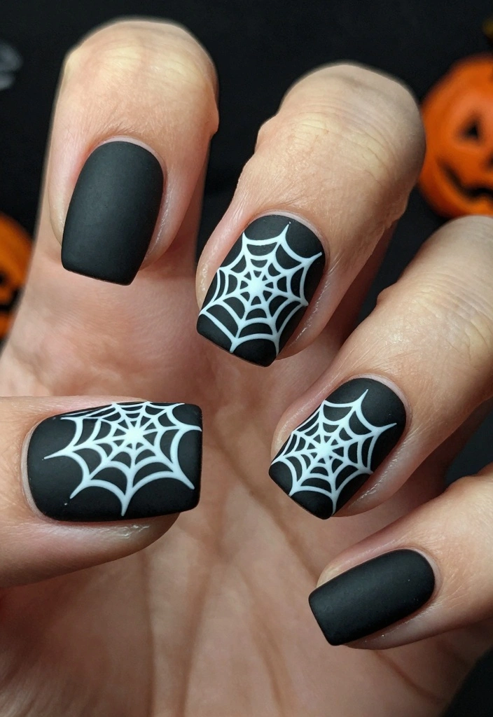 17 Black Halloween Nails Ideas Dark Spooky Chic - 2. Matte Black with Spider Webs 1