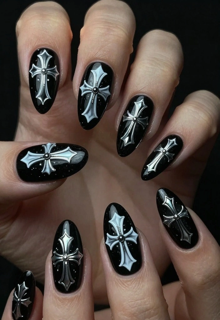 17 Black Halloween Nails Ideas Dark Spooky Chic - 3. Gothic Cross Designs 1