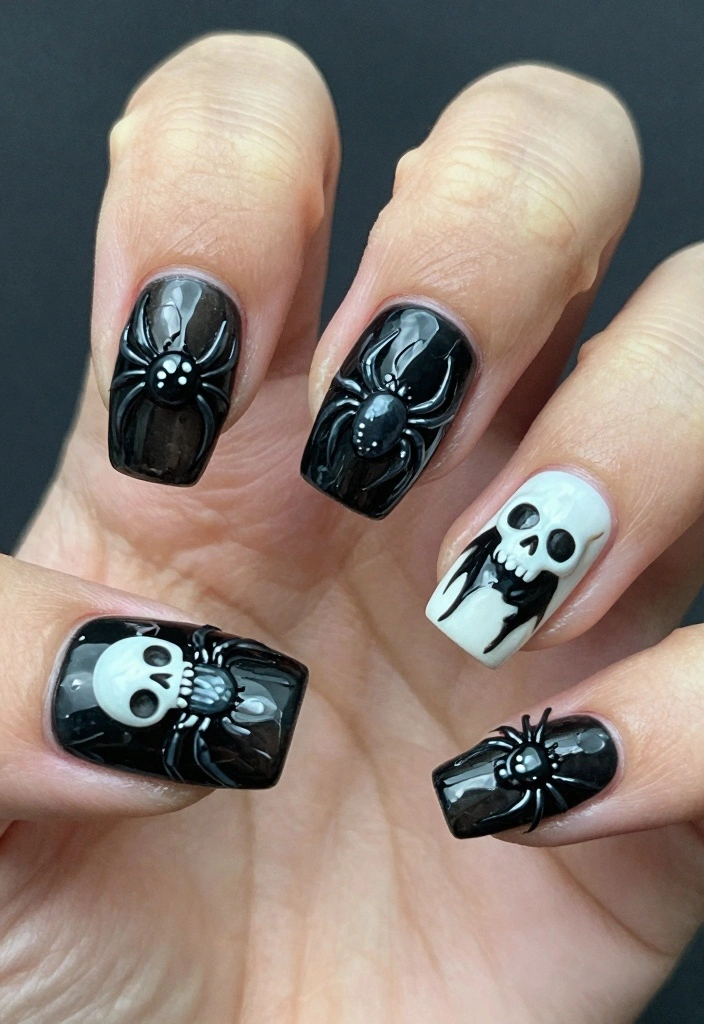 17 Black Halloween Nails Ideas Dark Spooky Chic - 4. Creepy Crawly Nail Art 1