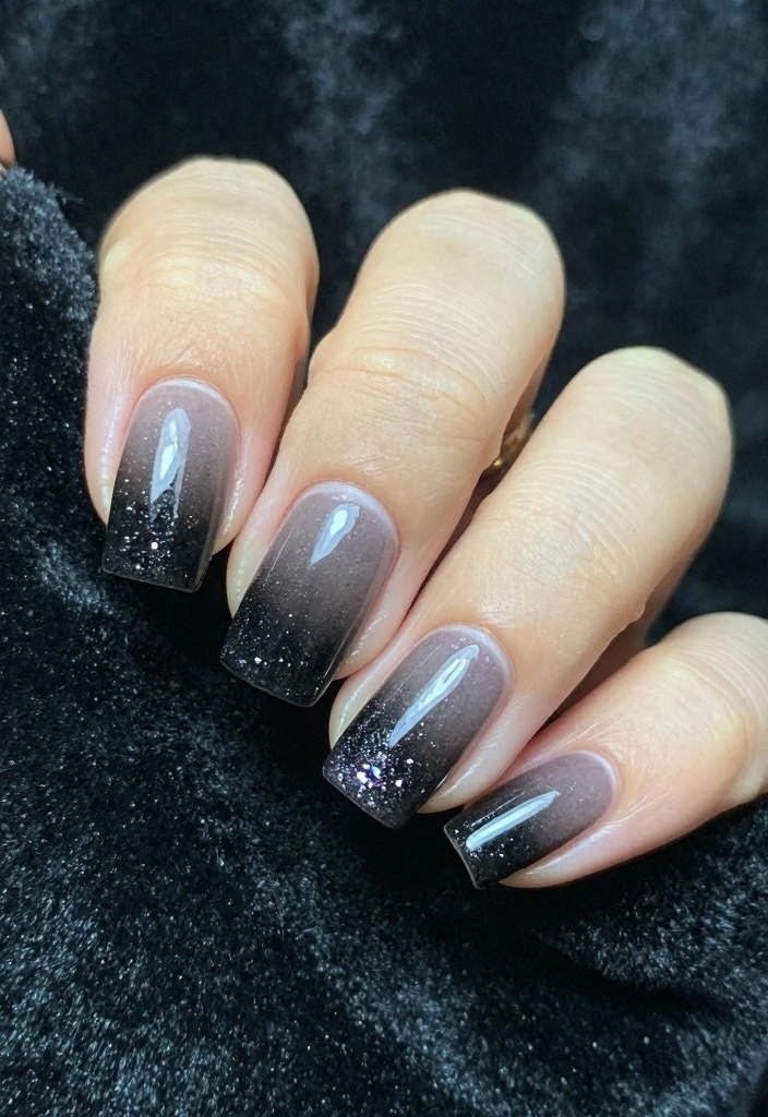 17 Black Halloween Nails Ideas Dark Spooky Chic - 5. Black Ombre with Glitter 1