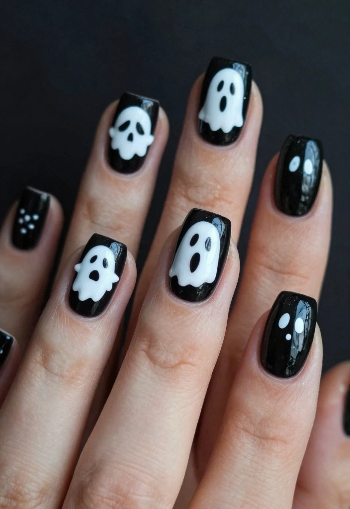 17 Black Halloween Nails Ideas Dark Spooky Chic - 6. Ghostly Faces 1