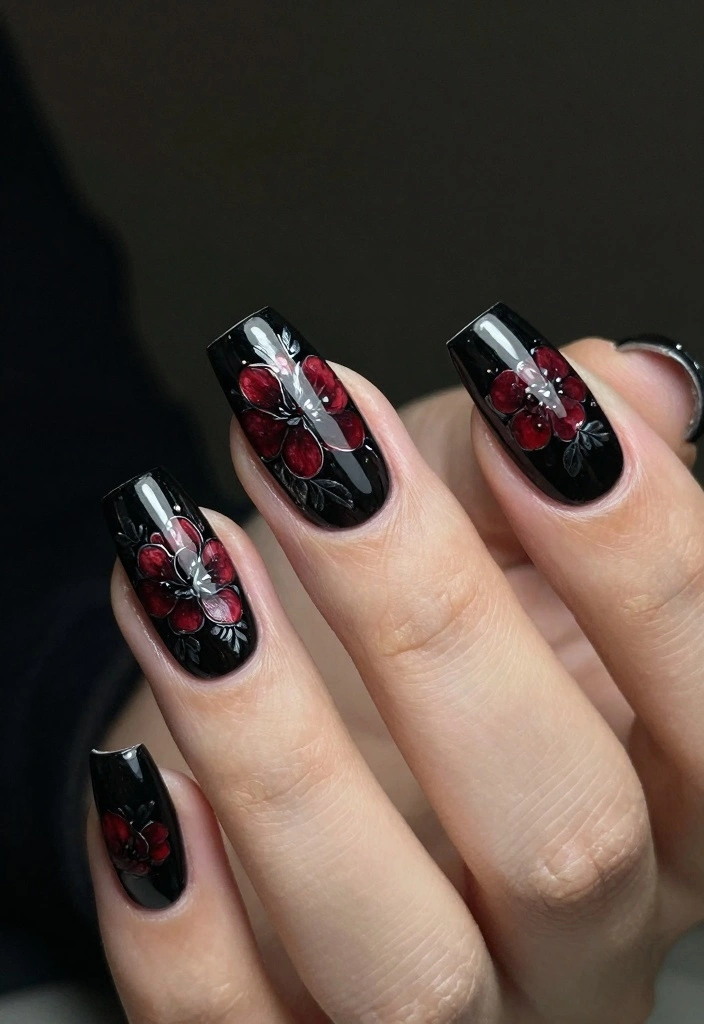 17 Black Halloween Nails Ideas Dark Spooky Chic - 7. Dark Floral Designs 1