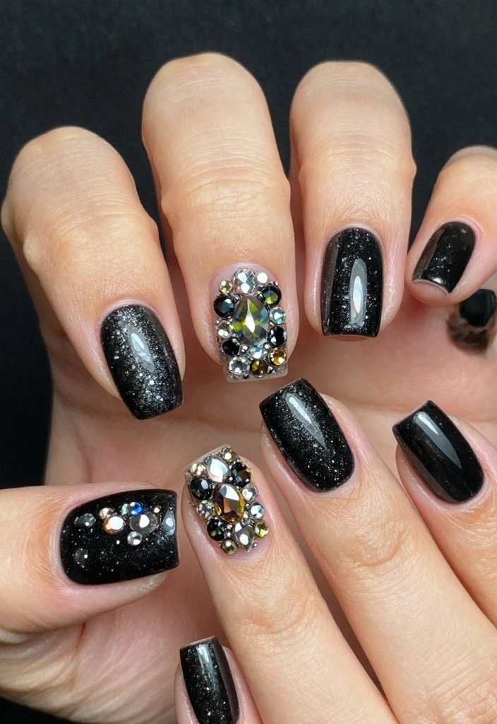 17 Black Halloween Nails Ideas Dark Spooky Chic - 9. Sparkly Black with Rhinestones 1