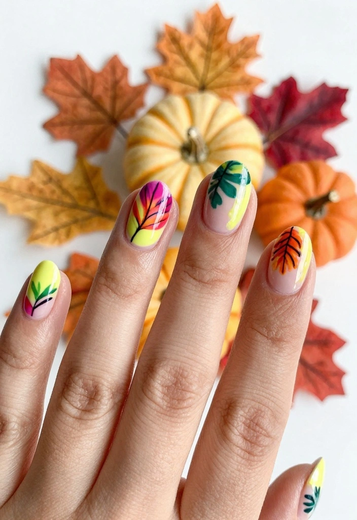 17 Fall Leaves Nail Art Ideas: Seasonal Nature Touch - 16. Colorful Leaf Motifs 1