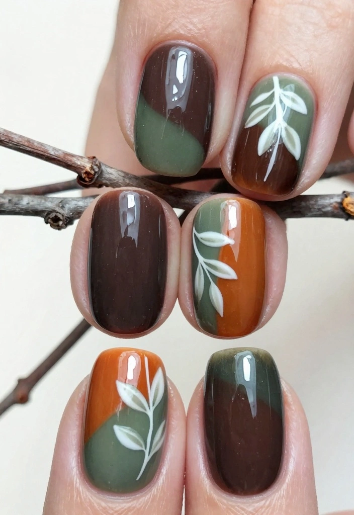 17 Fall Leaves Nail Art Ideas: Seasonal Nature Touch - 6. Earthy Tones and Leaf Details 1