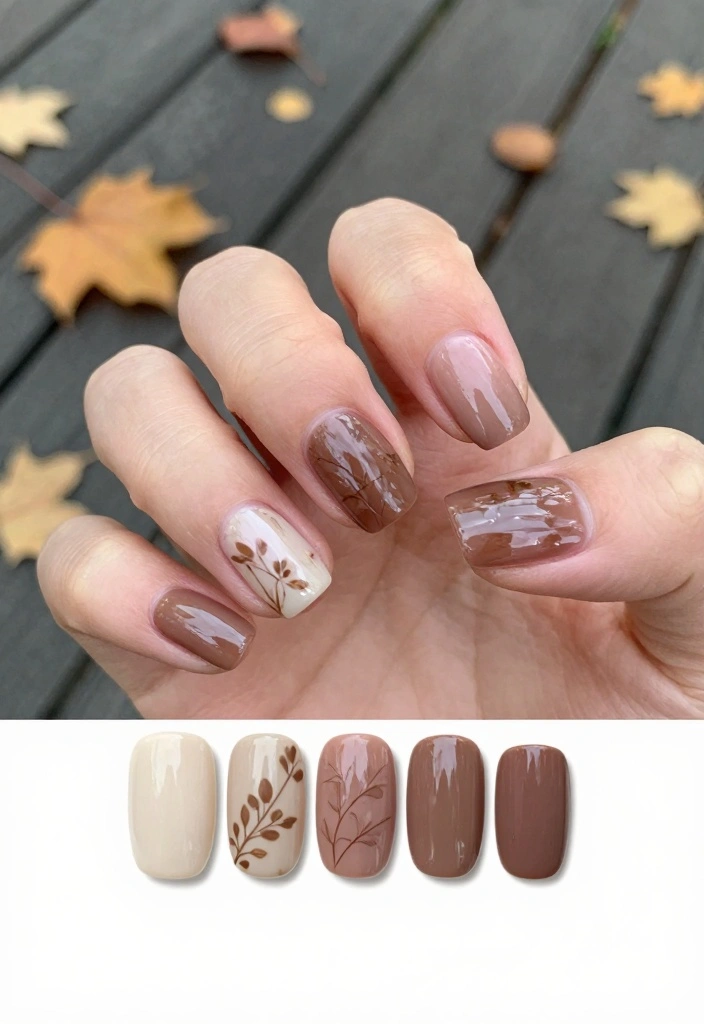 17 Fall Nail Designs Ideas: Creative Seasonal Style - 1. Earthy Tones with Leaf Imprints 1