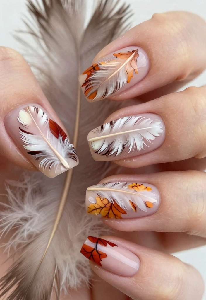 17 Fall Nail Designs Ideas: Creative Seasonal Style - 12. Fall Feathers 1