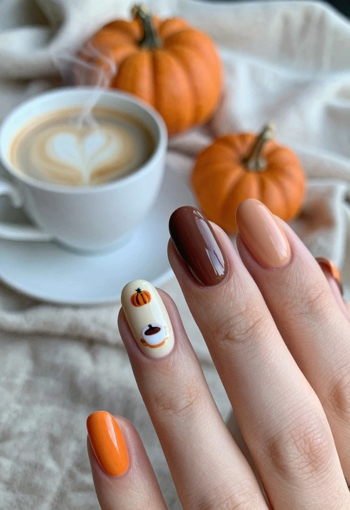 17 Fall Nail Designs Ideas: Creative Seasonal Style - 2. Pumpkin Spice Latte Charm 1