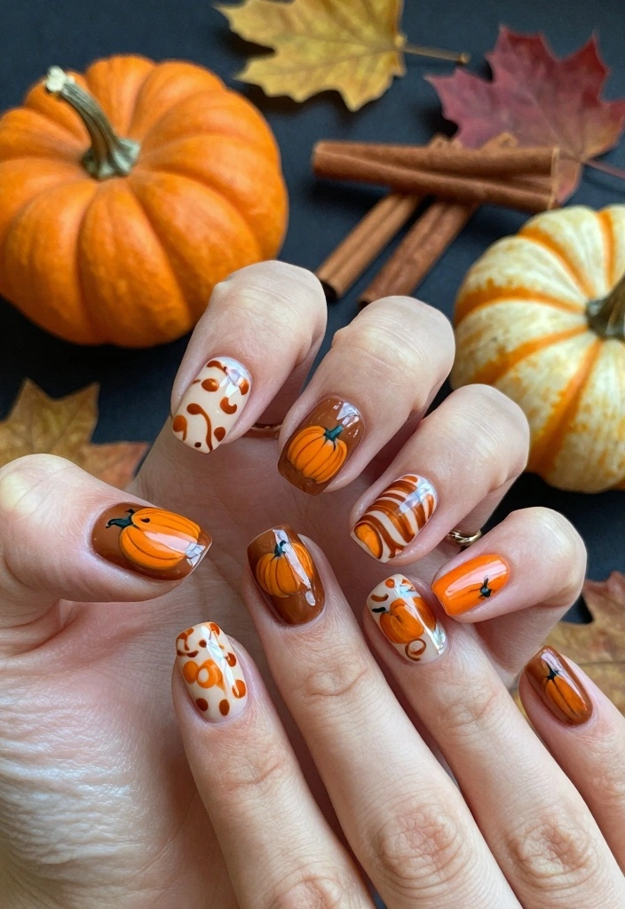 17 Fall Nail Inspo 2025: Fresh Next Season Looks - 5. Pumpkin Spice Patterns 1