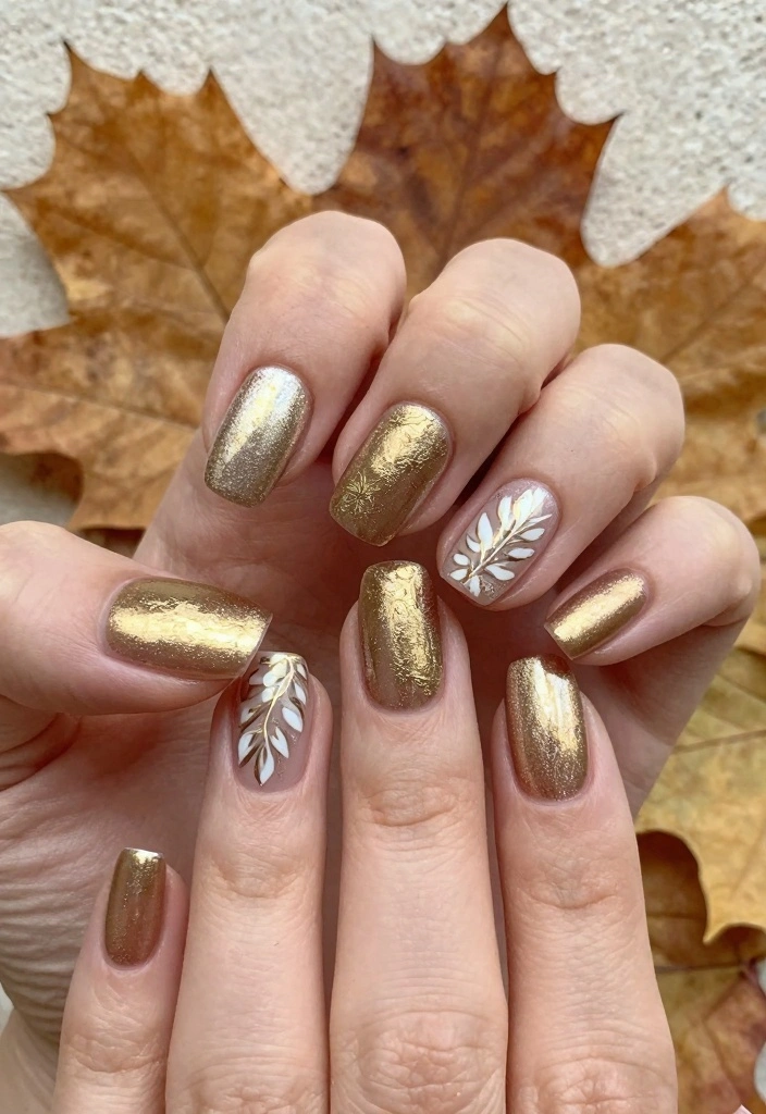 18 Autumn Nails Ideas: Cozy Chic Seasonal Looks - 18. Rustic Shimmer with Leaf Inscriptions 1