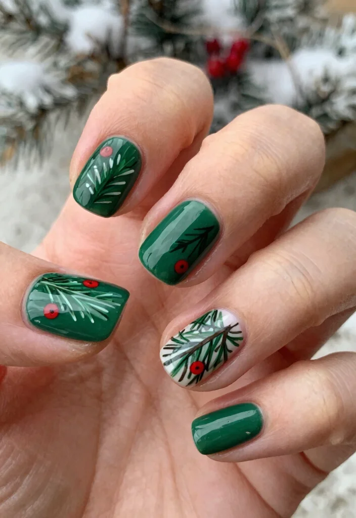 18 Christmas Nails Winter Ideas: Festive Cozy Sparkle - 7. Evergreen and Berry Accents 1