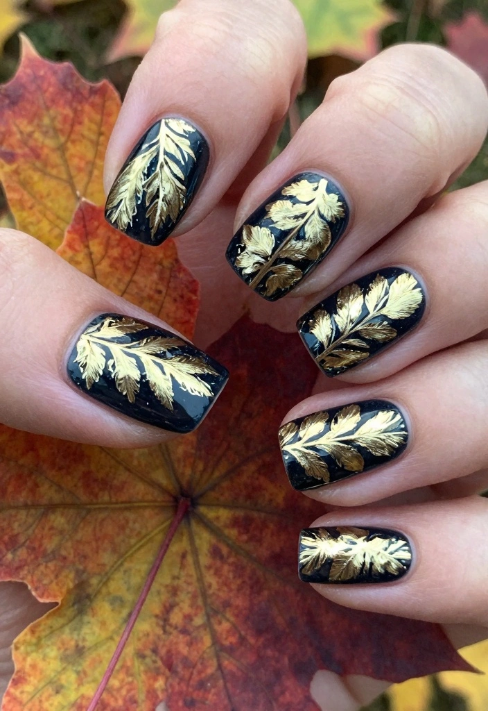 18 Dark Autumn Nails Ideas: Moody Elegant Tones - 13. Leaf Motif Accents 1