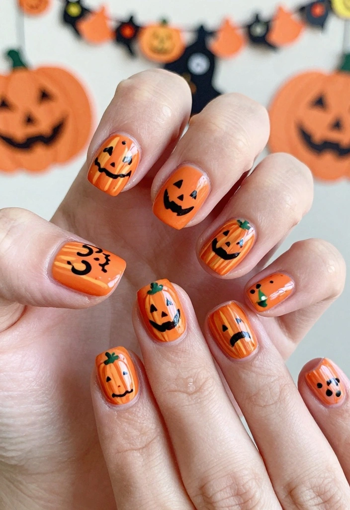 18 Fall Acrylic Nail Designs Ideas Bold Seasonal Glam - 12. Whimsical Pumpkin Faces 1