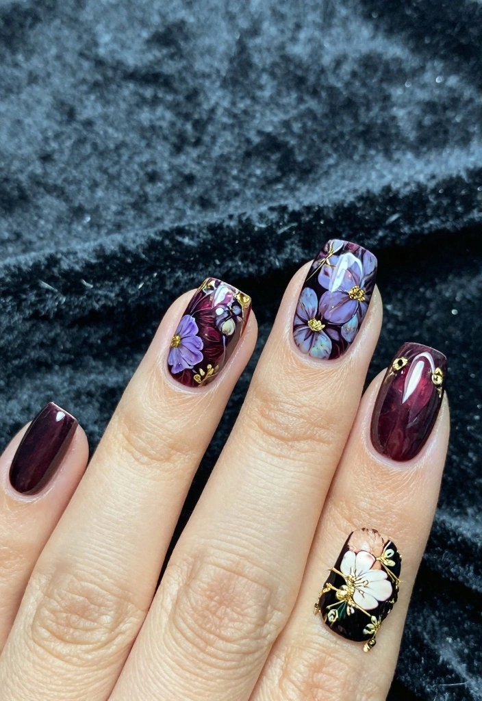 18 Fall Acrylic Nail Designs Ideas Bold Seasonal Glam - 13. Dark Floral Elegance 1