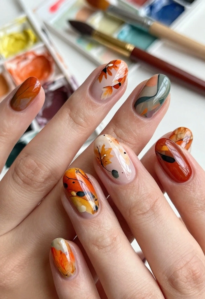 18 Fall Acrylic Nail Designs Ideas Bold Seasonal Glam - 14. Abstract Autumn Art 1
