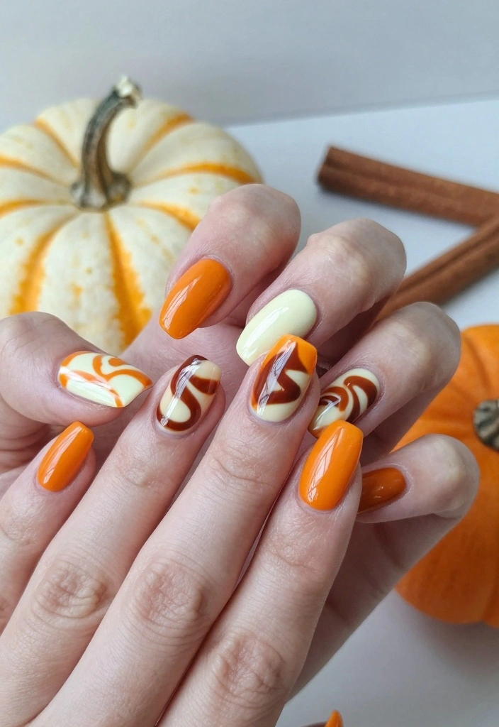 18 Fall Acrylic Nail Designs Ideas Bold Seasonal Glam - 4. Pumpkin Spice Swirls 1