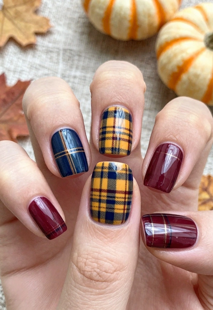 18 Fall Acrylic Nail Designs Ideas Bold Seasonal Glam - 5. Rustic Plaid Patterns 1