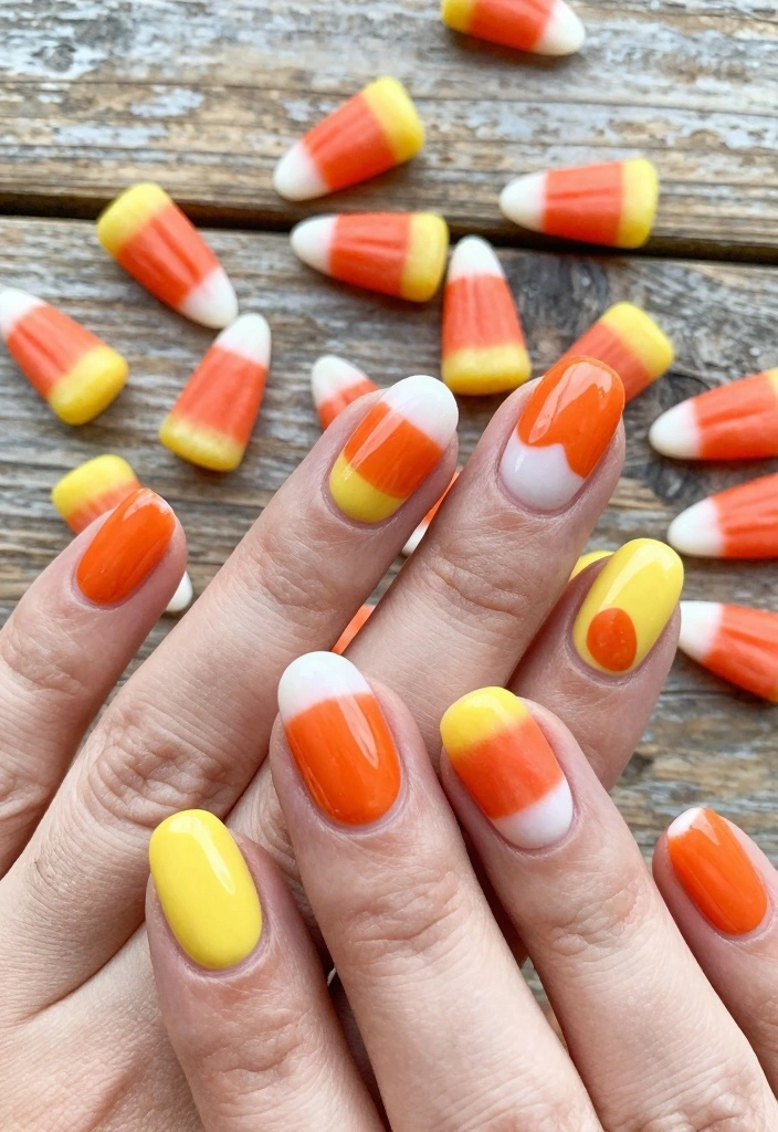 18 Fall Acrylic Nail Designs Ideas Bold Seasonal Glam - 9. Candy Corn Delight 1