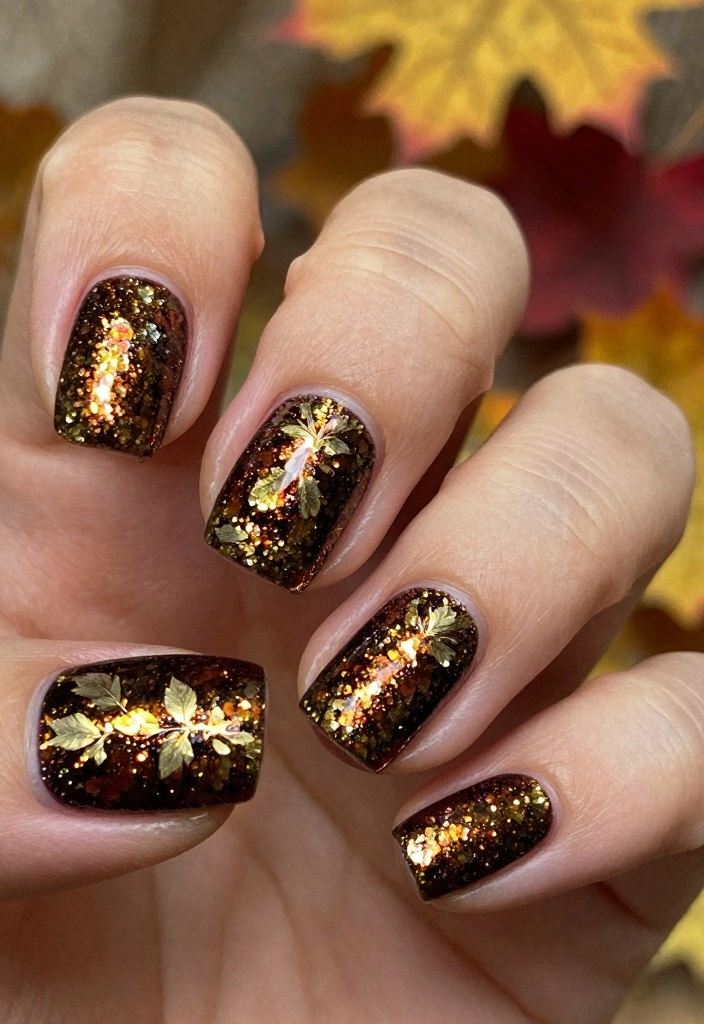 18 Fall Nail Inspo Ideas Trending Now - 11. Glistening Glitter Leaves 1