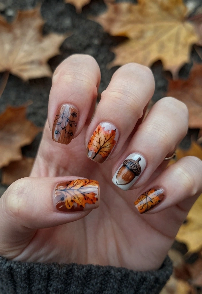 18 Fall Nail Inspo Ideas Trending Now - 15. Fall Leaves and Acorns 1