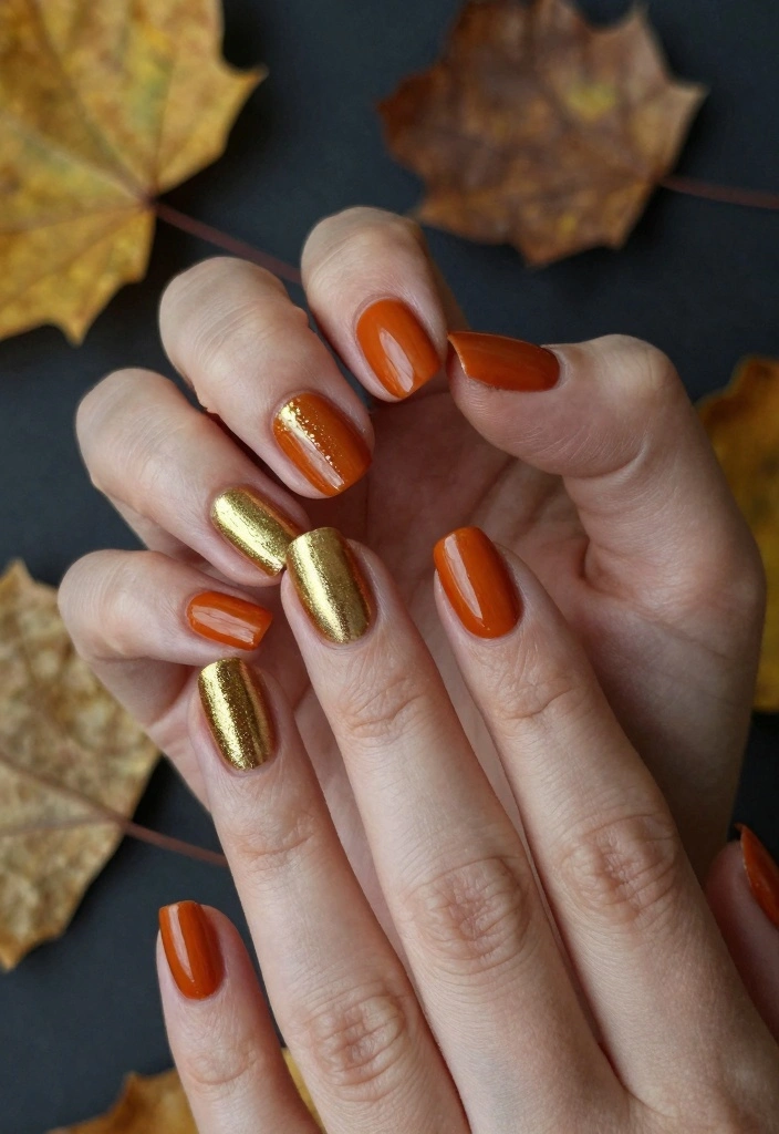 18 Fall Nail Inspo Ideas Trending Now - 9. Burnt Orange and Gold 1