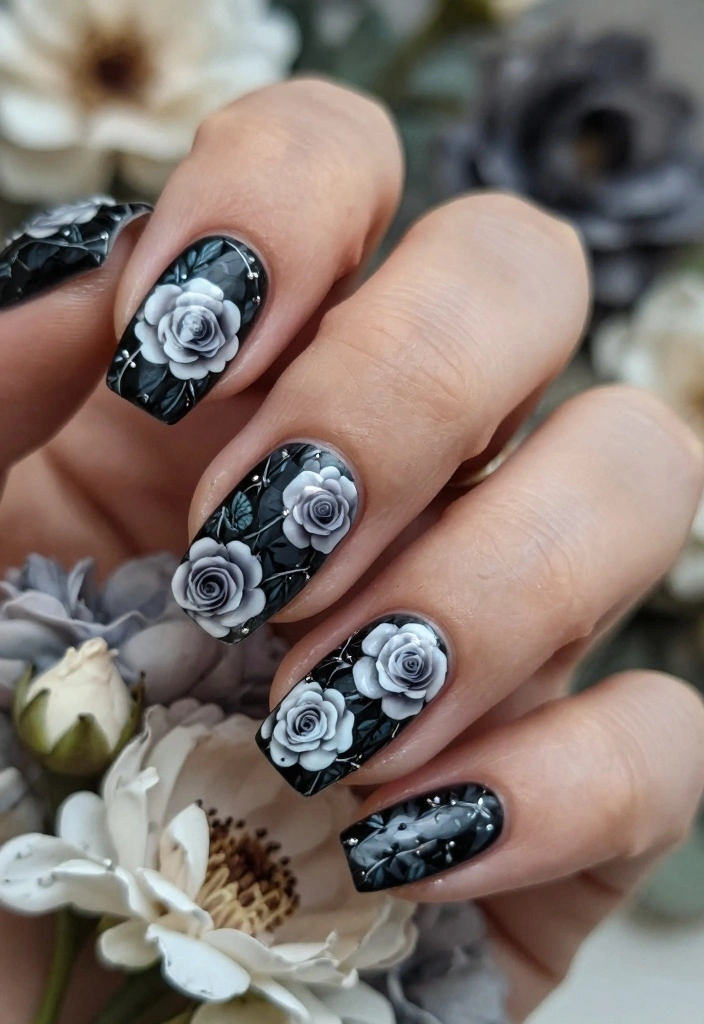 18 Goth Nails Ideas: Dark Edgy Aesthetic - 5. Dark Floral Accents 1