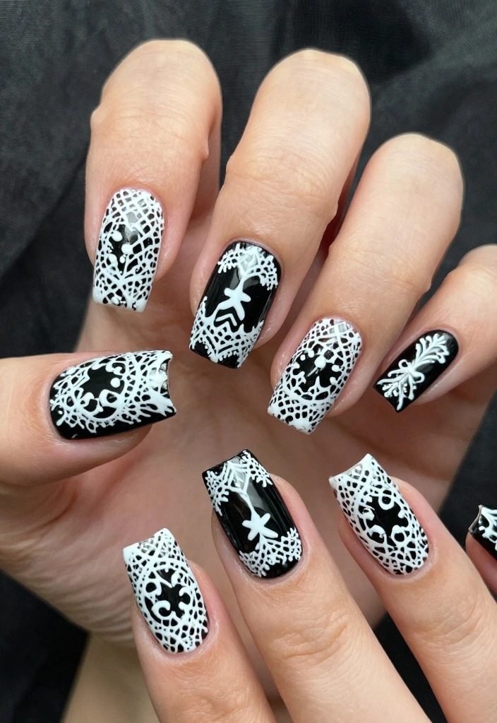 18 Goth Nails Ideas: Dark Edgy Aesthetic - 7. Gothic Lace Designs 1