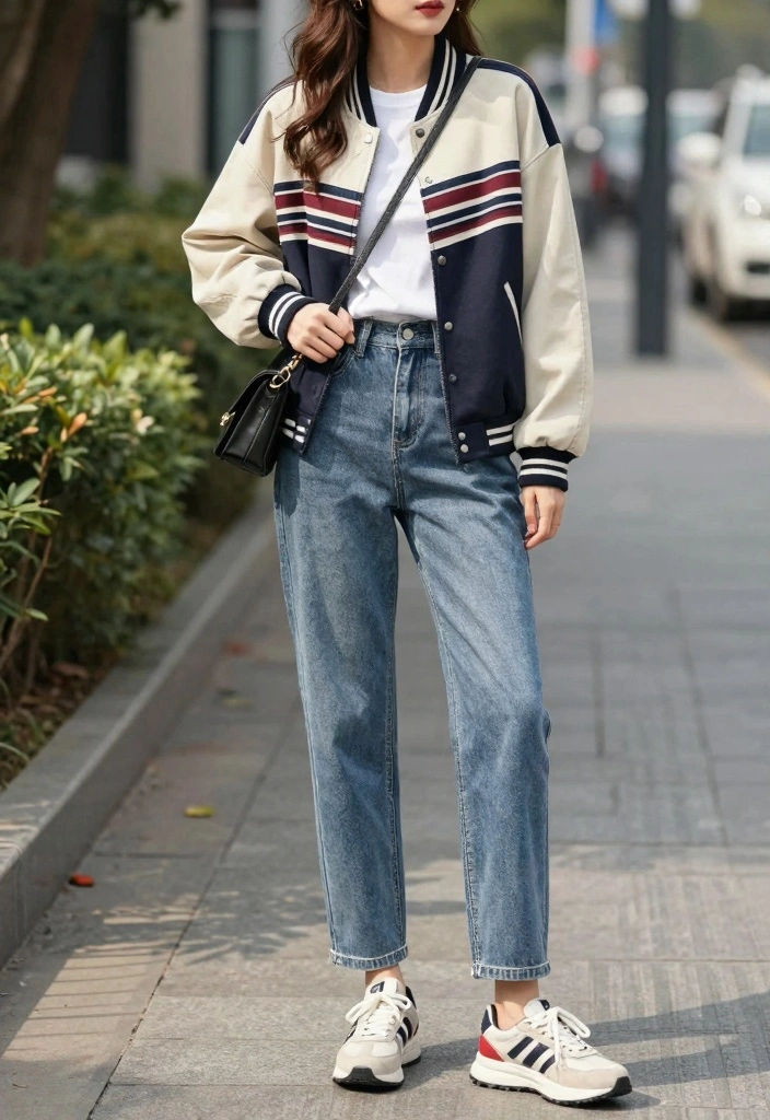 15 Baseball Jacket Outfit Ideas For Sporty Chic Women - 1. Classic Stripes with Denim 1