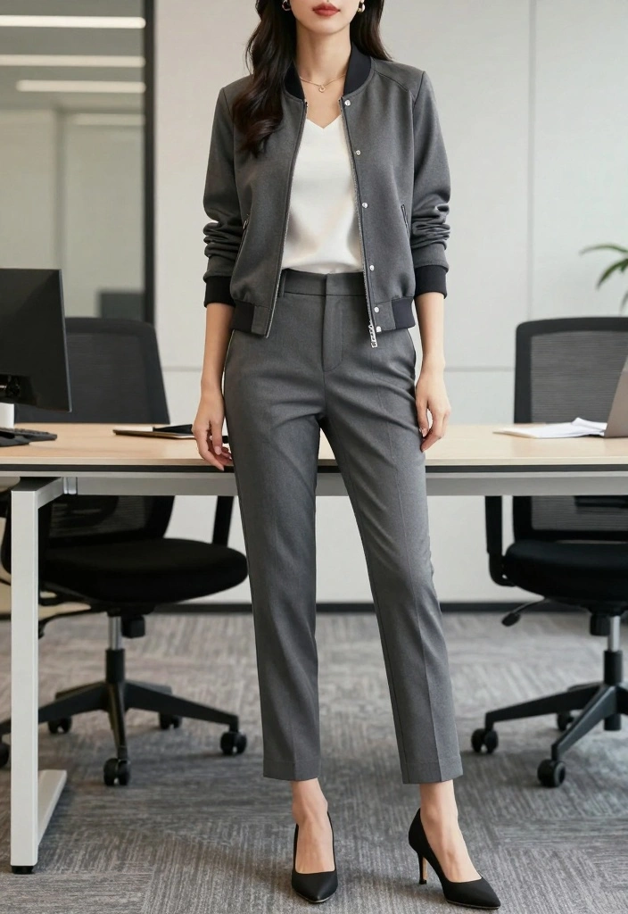 15 Baseball Jacket Outfit Ideas For Sporty Chic Women - 10. Sophisticated Business Casual 1