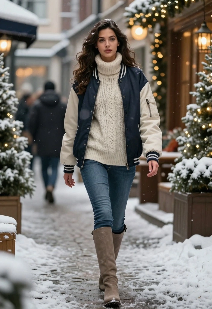 15 Baseball Jacket Outfit Ideas For Sporty Chic Women - 13. Cozy Winter Layering 1