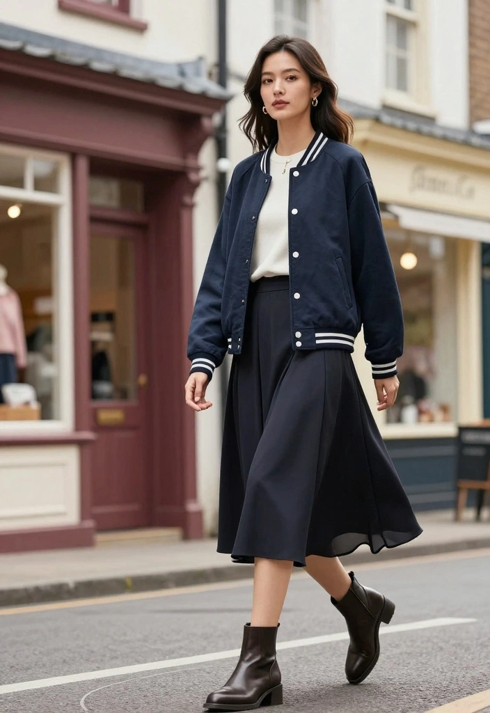 15 Baseball Jacket Outfit Ideas For Sporty Chic Women - 4. Feminine Touch with a Skirt 1