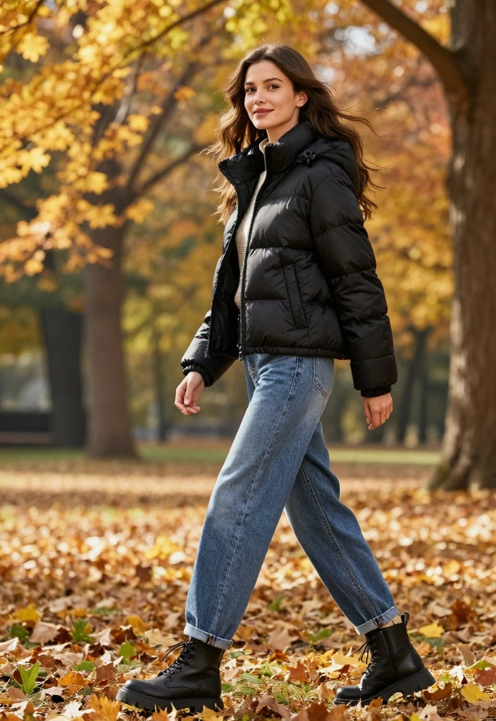 15 Blue Baggy Jeans Outfit Ideas For Casual Cool Looks - 10. Trendy Fall Look with a Puffer Jacket 1