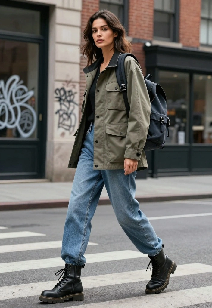15 Blue Baggy Jeans Outfit Ideas For Casual Cool Looks - 12. Cool Casual with a Utility Jacket 1