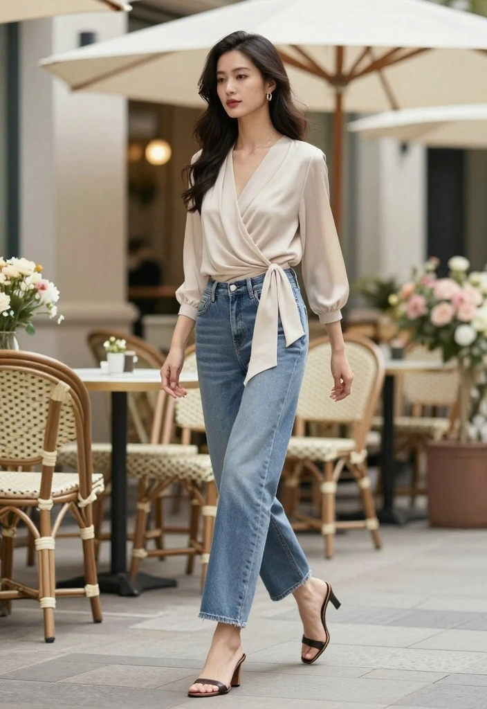 15 Blue Baggy Jeans Outfit Ideas For Casual Cool Looks - 15. Effortless Elegance with a Wrap Top 1