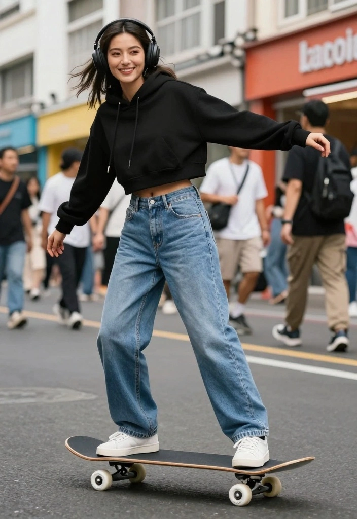 15 Blue Baggy Jeans Outfit Ideas For Casual Cool Looks - 3. Sporty Vibes with a Cropped Hoodie 1