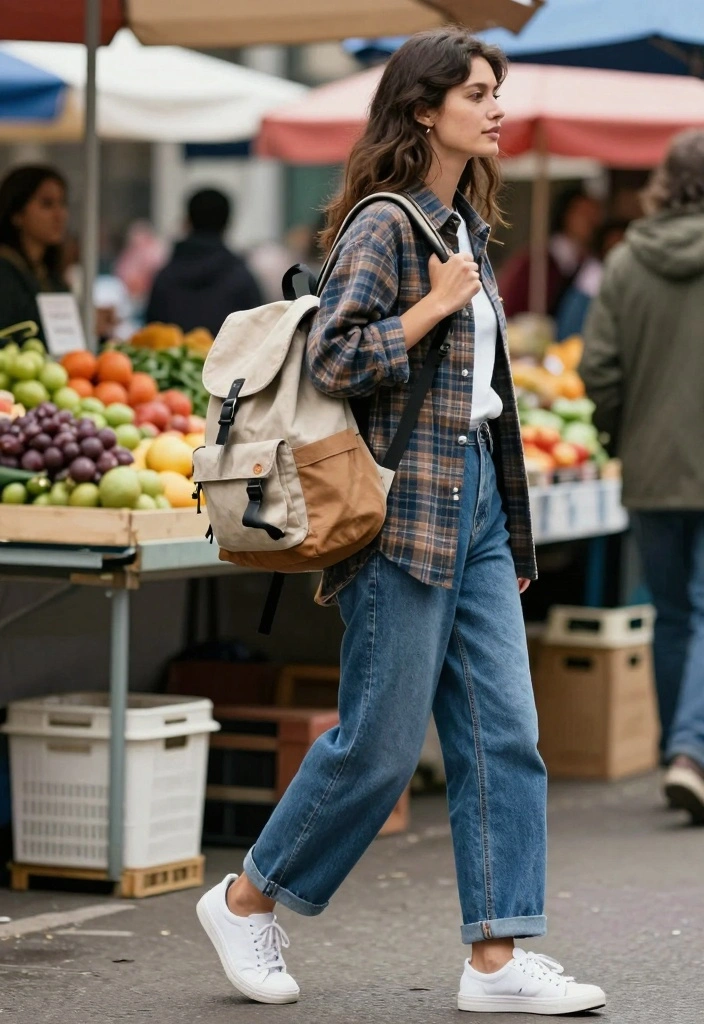 15 Blue Baggy Jeans Outfit Ideas For Casual Cool Looks - 9. Relaxed Weekend Look with a Plaid Shirt 1