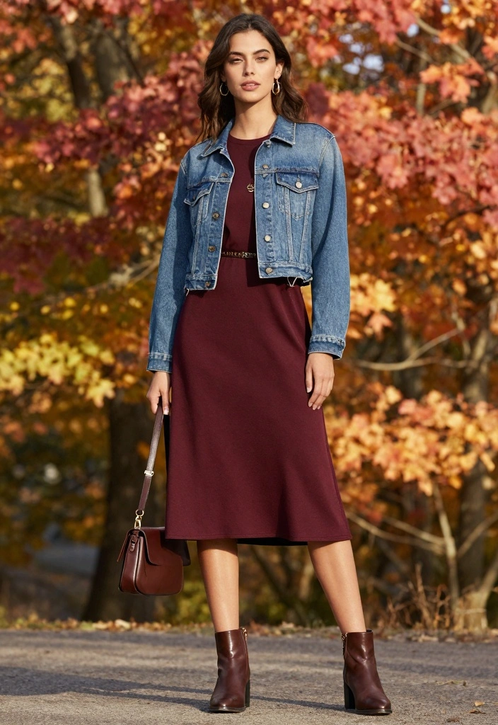 15 Burgundy Dress Outfit Ideas Perfect For Fall And Winter - 1. Layering with a Denim Jacket 1