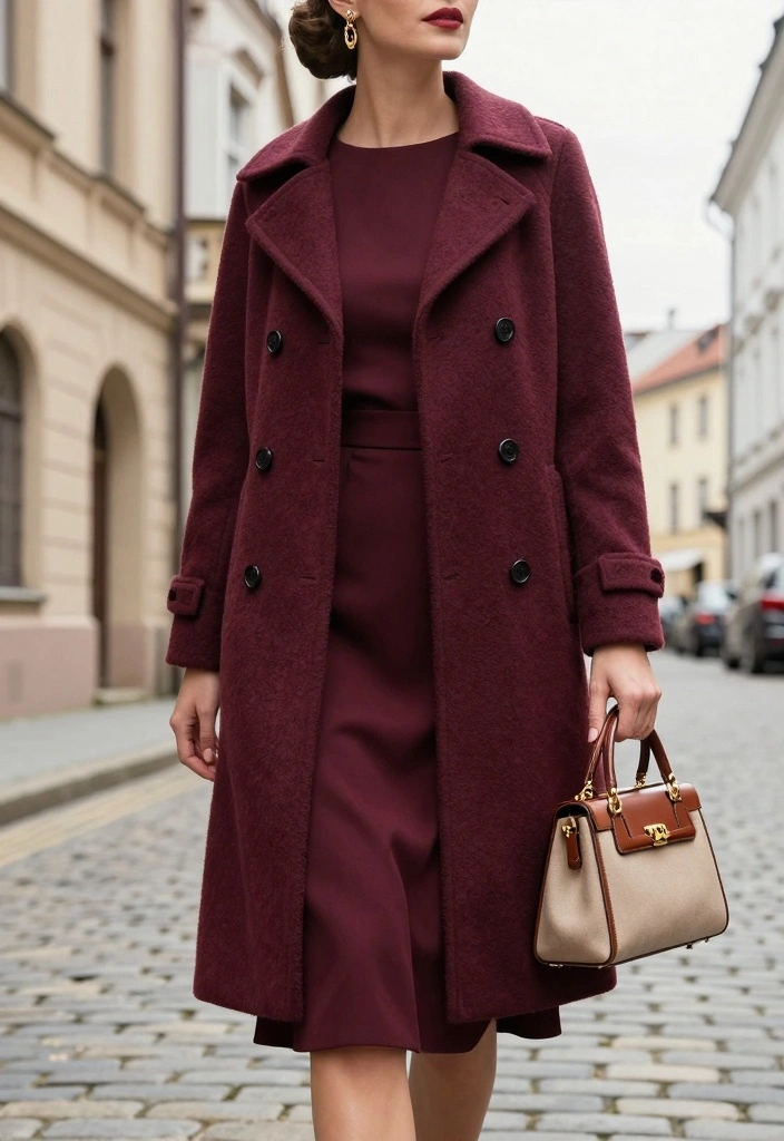 15 Burgundy Dress Outfit Ideas Perfect For Fall And Winter - 11. Vintage Charm with a Vintage Coat 1