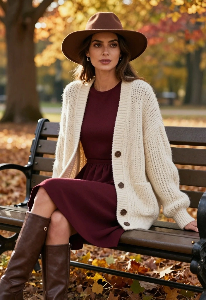 15 Burgundy Dress Outfit Ideas Perfect For Fall And Winter - 2. Chic Cardigan Layering 1