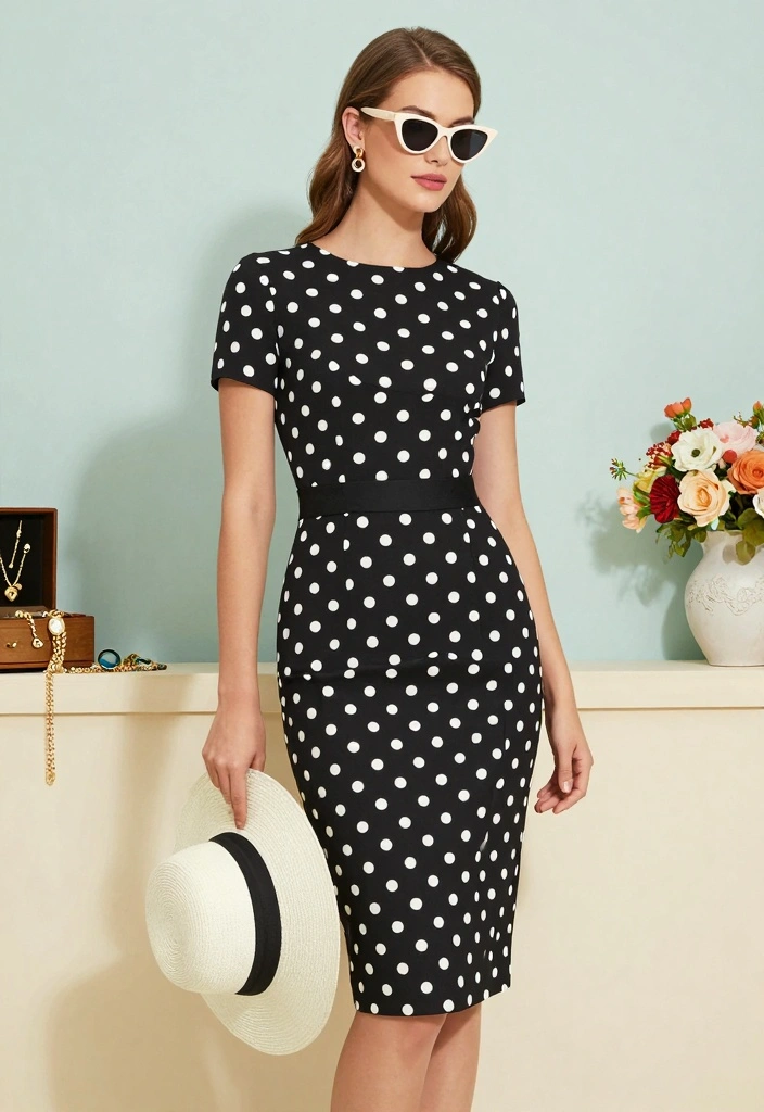 15 Classy Pencil Dress Outfit Ideas For Elegant Occasions - 4. Retro Polka Dots 1