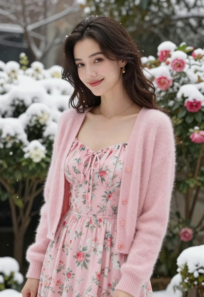 15 Pink Winter Outfit Ideas With Soft Feminine Vibes - 12. Pink Floral Dress with Layers 1