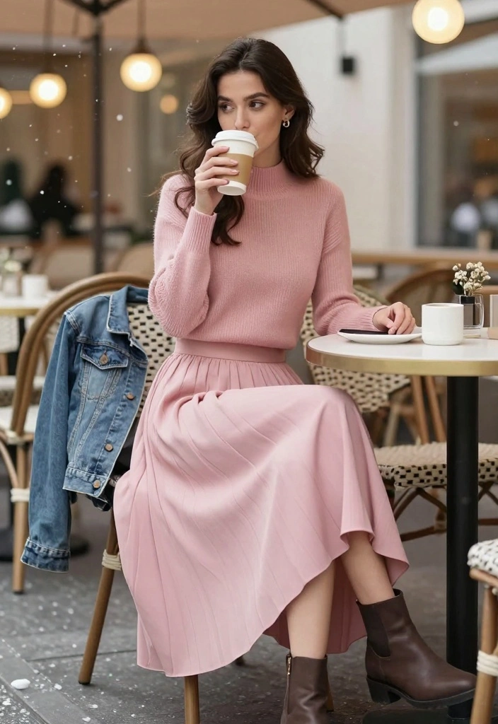 15 Pink Winter Outfit Ideas With Soft Feminine Vibes - 5. Pink Midi Skirt 1