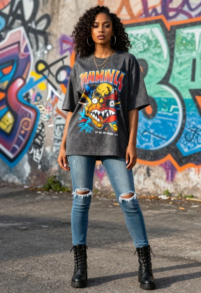 15 Shark Boots Outfit Ideas For Black Women With Edge - 1. Oversized Graphic Tee & Distressed Jeans 1