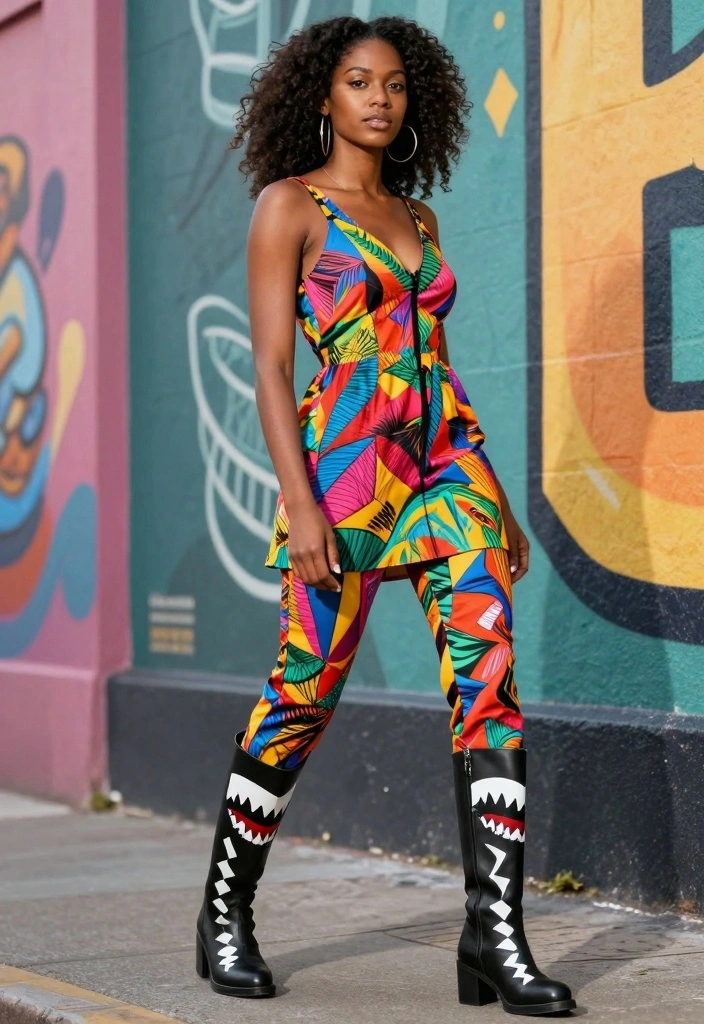 15 Shark Boots Outfit Ideas For Black Women With Edge - 12. Bold Patterns & Shark Boots 1