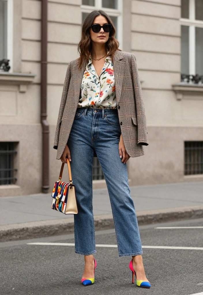 15 Straight Leg Jeans Outfit Ideas With Clean Silhouette - 9. Mix and Match Patterns 1